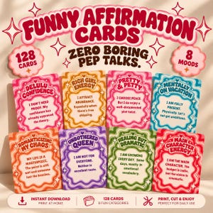 May include: A set of 128 funny affirmation cards featuring 8 moods. The cards display wavy borders and text including Delulu Confidence, Rich Girl Energy, Pretty & Petty, Mentally on Vacation, Romanticizing My Chaos, Unbothered Queen, Healing but Dramatic, and Main Character Energy.