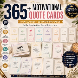 May include: A set of 384 motivational quote cards divided into 8 categories, featuring daily inspiration text. The cards display various icons like suns, hearts, and leaves. A stack of cards is wrapped in a band labeled 365+ Motivational Quote Cards.
