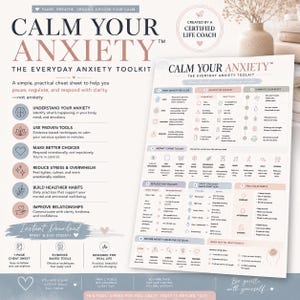 Puede incluir: Una hoja de trucos del kit de herramientas Calm Your Anxiety con un diseño estructurado que incluye secciones sobre la comprensión de la ansiedad, herramientas de afrontamiento y hábitos diarios. Usa una paleta de colores suaves.