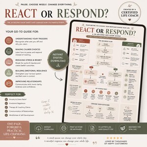 May include: A digital decision guide titled React or Respond featuring a flow chart for managing stress. The document includes sections on body signals, a decision flow, a pause toolkit, and outcome choices in shades of terracotta and sage green.