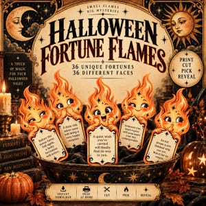 May include: A Halloween Fortune Flames printable set featuring 36 unique fortunes and faces. The design includes orange flame characters holding cards with text, set against a dark background with a moon, sun, and pumpkins. Includes instructions to print, cut, pick, and reveal.