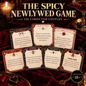 May include: The Spicy Newlywed Game card set for couples featuring 156 cards. Each card displays a unique prompt with titles like Pick Your Poison, Read My Mind, Spill It, Prove It, No Filter, Turn Me On, and Wild, printed in dark red and cream.