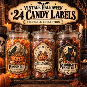 May include: Three clear glass jars with lids filled with candy, each featuring a decorative label. The labels read Pumpkin Patch, Ghostly Goodies, and Midnight Candy Co. Above the jars, text reads Vintage Halloween 24 Candy Labels Printable Collection.