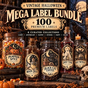 May include: A digital collection of 100 vintage Halloween labels featuring six curated themes. The labels display ornate typography and illustrations including a pumpkin, moon, black cat, ghost, and bat wings on various glass jars and bottles.