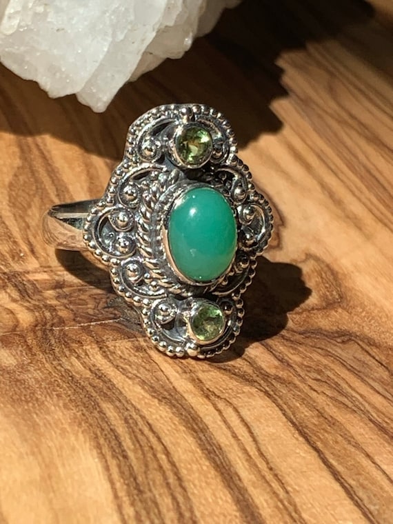 PRICE DROP! Hand Made Metalwork Chrysoprase & Peridot 925 Sterling Silver Ring | Size 6.25 to 6.5 | Gemstone jewelry | Silver Ring Rare
