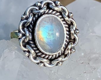 Rainbow Moonstone Ring: Sterling Silver .925 Size 5 Inner Knowing Clarity Self Trust