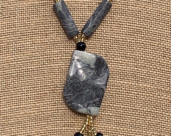 Long Black Onyx and Thousand Eye Jasper Handmade Necklace