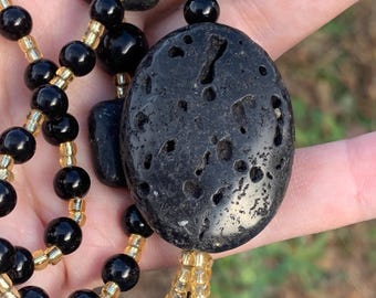 Long Black Onyx and Lava Stone Handmade Necklace