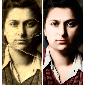 May include: A side-by-side comparison of a faded black and white photograph and a colourised version of the same photograph. The photograph shows a woman with dark hair wearing a brown sweater.