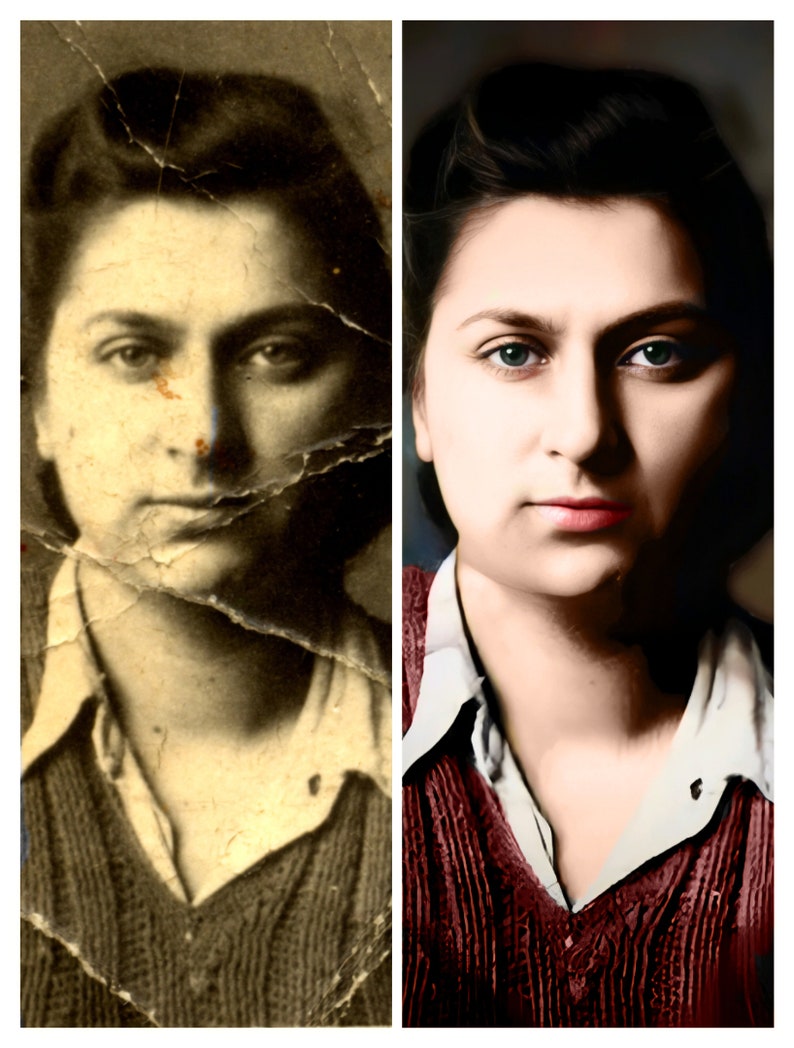 May include: A side-by-side comparison of a faded black and white photograph and a colourised version of the same photograph. The photograph shows a woman with dark hair wearing a brown sweater.