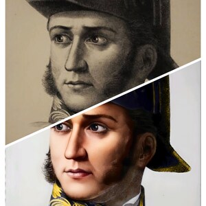 May include: A black and white portrait of a man in military uniform wearing a black hat. The man has a serious expression on his face. The portrait is in a realistic style.