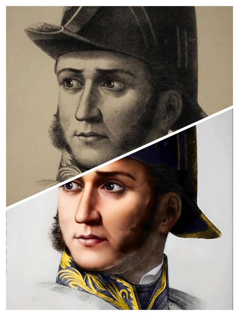 May include: A black and white portrait of a man in military uniform wearing a black hat. The man has a serious expression on his face. The portrait is in a realistic style.