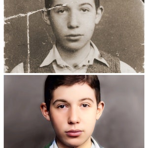 May include: A black and white photograph of a young boy wearing a white shirt and a dark waistcoat. The photograph is faded and has some tears. Below the photograph is a colour photograph of the same boy, now older, wearing a white shirt and a green waistcoat.