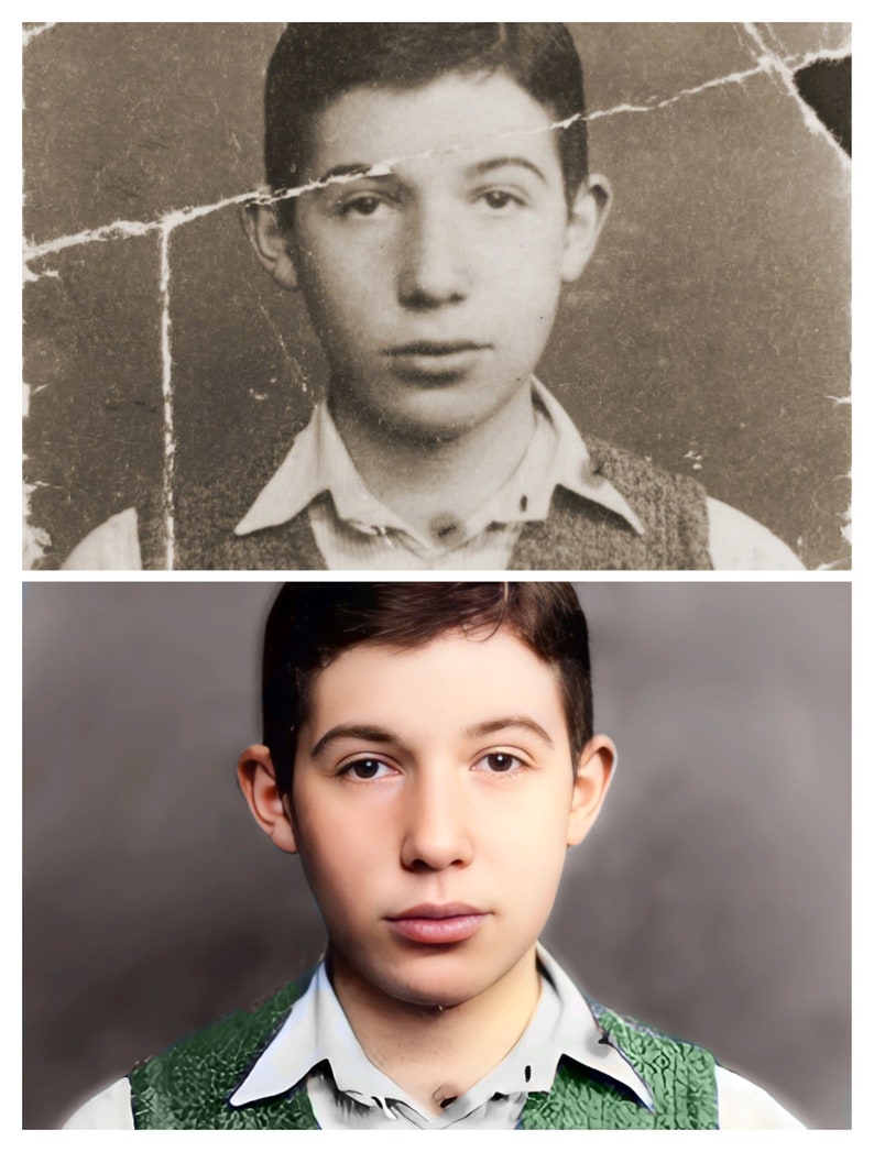 May include: A black and white photograph of a young boy wearing a white shirt and a dark waistcoat. The photograph is faded and has some tears. Below the photograph is a colour photograph of the same boy, now older, wearing a white shirt and a green waistcoat.