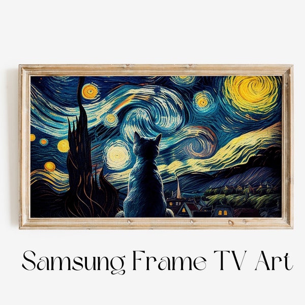 Samsung Frame TV Art The Starry Night Cat Print Van Gogh Print With Cat Funny Cat Print Gift For Cat Lover Digital Download