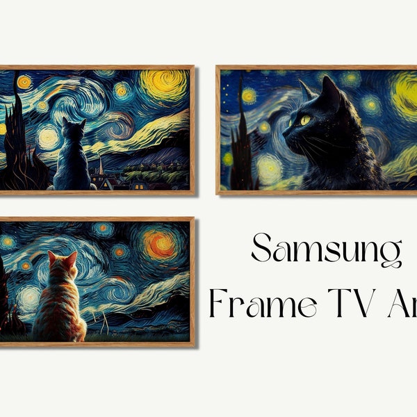 Samsung Frame TV Art The Starry Night Cat Print Bundle Of 3 Set Van Gogh Print With Cat Funny Cat Print Gift For Cat Lover Digital Download