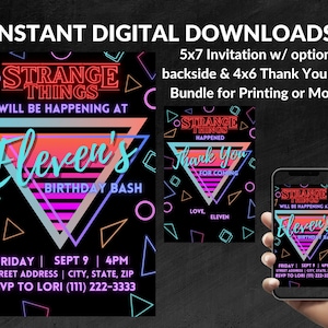 Peut inclure: Téléchargement numérique imprimable pour une fête d'anniversaire sur le thème de Stranger Things. L'invitation présente un schéma de couleurs rose néon, bleu et jaune sur un fond noir. Le texte indique "Stranger Things Will Be Happening At Eleven's Birthday Bash". La carte de remerciement présente un design similaire avec le texte "Stranger Things Happened Thank You For Coming Love, Eleven".
