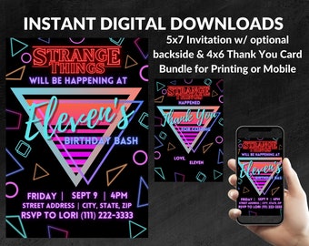 Strange Things NEON 80s Inspired 5x7 Invitation and Thank you BUNDLE | Instant Digital Download | Personalize on Canva | Print or Text
