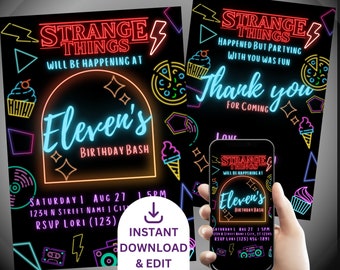 Neon Strange Things Invitation | Thank you card BUNDLE | Download Personalize Print|Mobile| Strange Things | Birthday Halloween | DIY Canva