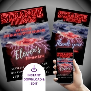 May include: A printable invitation for an "Eleven's Birthday Bash" themed party. The invitation features a red and black background with a lightning bolt and the text "Strange Things" in neon red. The text "Are Upon Us" and "Join Us In The Upside Down For" are also included. The invitation is designed to look like a vintage movie poster.
