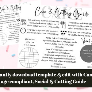 May include: Black and white printable care and cutting guide for a 9-inch round cake. The guide includes instructions for storing leftover cake, serving size, and a cottage food compliant disclaimer. The text includes "Care & Cutting Guide", "Store leftover cake in an air tight container in refrigerator", "9 inch round", "Serves 30", "1 x 2" pieces", "Thank you!" and "Delete & Place Uploaded Logo Here".