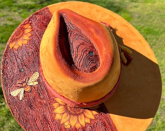 Wood Grain Textured, Carpenter Bee Sunflower Vegan Suede burned fedora, Rancher Hat