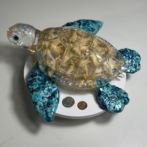 Handmade Large Sea Turtle Epoxy Resin Casting Figurine With Genuine Starfish, Mother of Pearl Shells, A Sand Dollar and Howlite Stones