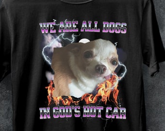 面白い犬のミームTシャツ、私たちは皆、神の熱い車に乗っている犬です