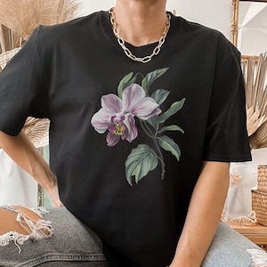 stylish Orchid watercolour flower shirt, purple flower tshirt,painting floral tee,botanical t-shirt,gardener gift,retro flower t shirt.