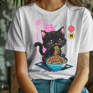 Stylish Noodle cat shirt,funny cat tshirt,harajuko tee,Foodie Lover Shirts,Retro Cat Tees,Japanese t shirt,Black Cat Tee,gift.