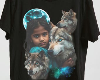 Vintage Wolf Graphic Tee: 90s Moon Shirt