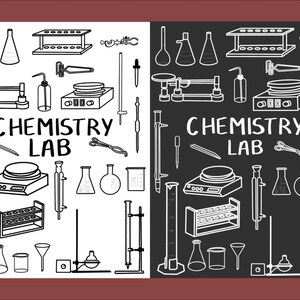Peut inclure: Illustration en noir et blanc de matériel de laboratoire de chimie, comprenant des béchers, des fioles, des tubes à essai, une plaque chauffante, une balance et un support avec des tubes à essai. Le texte "CHEMISTRY LAB" est écrit au centre de l'image.