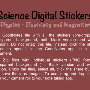 Op de afbeelding: Een digitale download van wetenschappelijke stickers voor gebruik in de GoodNotes-app. De stickers zijn voorgeknipt en verkrijgbaar in zwart-witversies. De download bevat &eacute;&eacute;n GoodNotes-bestand met alle stickers en twee zip-bestanden met individuele stickers in PNG-formaat.