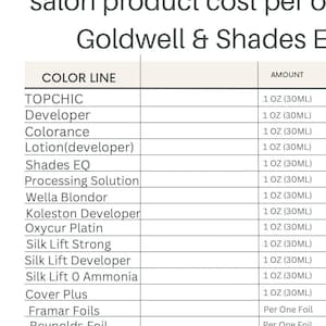 GOLDWELL Salon Color Koszt, Cena produktu, Podział kosztów salonu