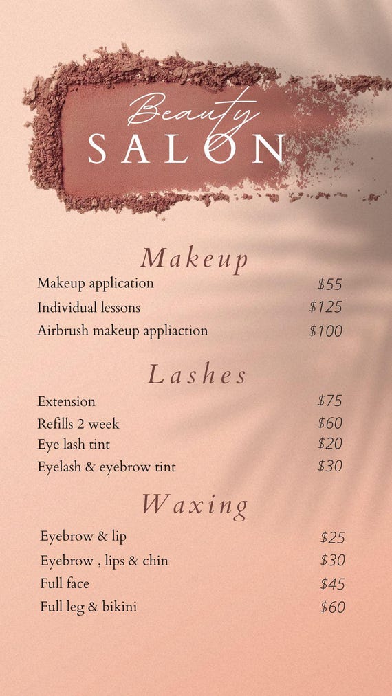 Salon menu, editable menu, makeup menu, hair salon menu, beauty salon menu,  customizable menu for salon, diy salon, salon items
