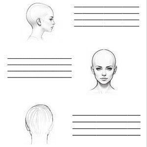 May include: Three black and white line drawings of a person's head. The first drawing shows a side view of a person with short hair. The second drawing shows a front view of a person with no hair. The third drawing shows a back view of a person with short hair.