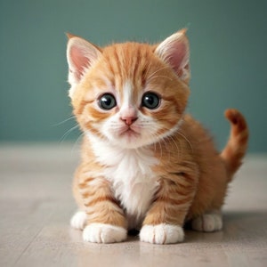 May include: A close-up of a small orange and white tabby kitten with green eyes. The kitten is sitting on a light brown surface and looking directly at the camera.