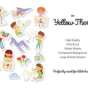Print en knip kinderen kunststickers, stickervellen tekenen, schattige stickers, voor meisjes, voor jongens, tekenen, illustraties, stickers, afdrukbaar, doe-het-zelf, school