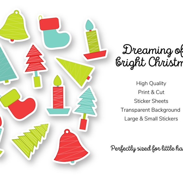 Print and Cut Christmas Sticker Sheets, X-mas, Stockings, Bells, Trees, Kids, Forest, Bright, Candles, Colorful, Stickers, Kids, Red, Green