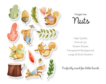 Print and Cut Squirrel Stickers, Wildlife Sticker Sheets, Party Favors, Printable Stickers, Kids, Boys, Girls, Large, Planner Stickers, Fall