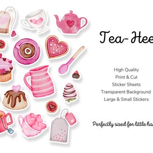 Print en knip theetijdstickers, theestickervel, theekransje, stickervellen, kinderstickers, schattige stickers, voor meisjes, doe-het-zelf, afdrukbaar feest