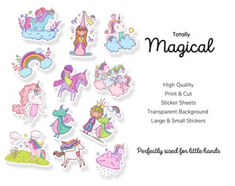 Print and Cut Stickers, Princess Sticker Sheets, Magical Stickers, Unicorn Stickers, Castle Stickers, Dragon Stickers, Fairytale, Printable