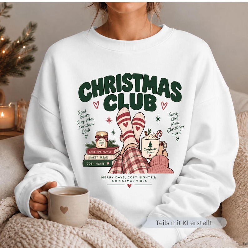 May include: A white long-sleeve sweatshirt featuring a graphic print with the text CHRISTMAS CLUB. The design includes stacked books, a candle, a mug, and legs in patterned socks. Additional text reads Good Books, Cozy Vibes, Christmas Club, Same Girl, More Christmas Spirit, and MERRY DAYS, COZY NIGHTS & CHRISTMAS VIBES.