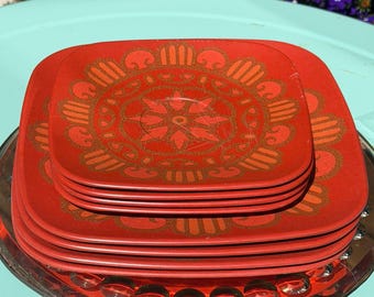 Set of 6 Vintage Brookpark Red Melamine Plates – 1970s Floral Medallion Retro Dinnerware