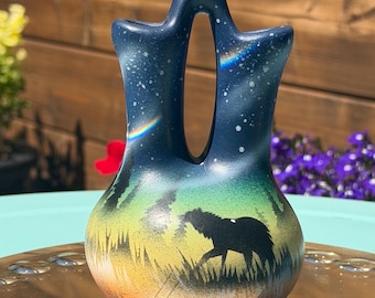 Vintage O Piwa Pottery Vase – Hand Painted Wolf Moon Southwestern Art