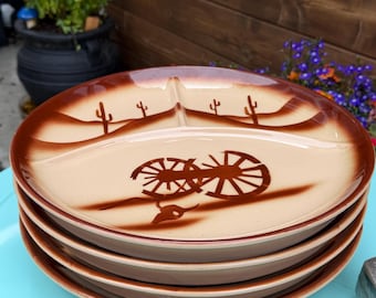Vintage TEPCO Divided Platter, Desert Cactus Wagon Wheel, Mid Century Ranch Serving Plate