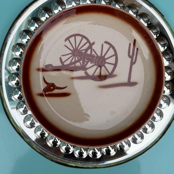 Vintage TEPCO Wagon Wheel Plates Set: Desert Cactus, Longhorn, USA Mid Century Cowboy Dishware