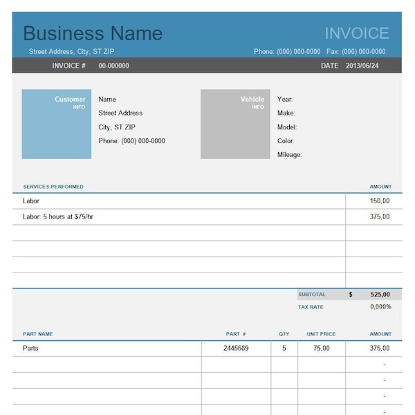 Auto Repair Invoice Template