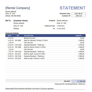 May include: A statement from a rental company showing a balance due of £1,020.00. The statement includes a list of charges and payments for rent, late fees, and payment receipts. The statement date is 2022/08/07 and the customer ID is [ABC123].