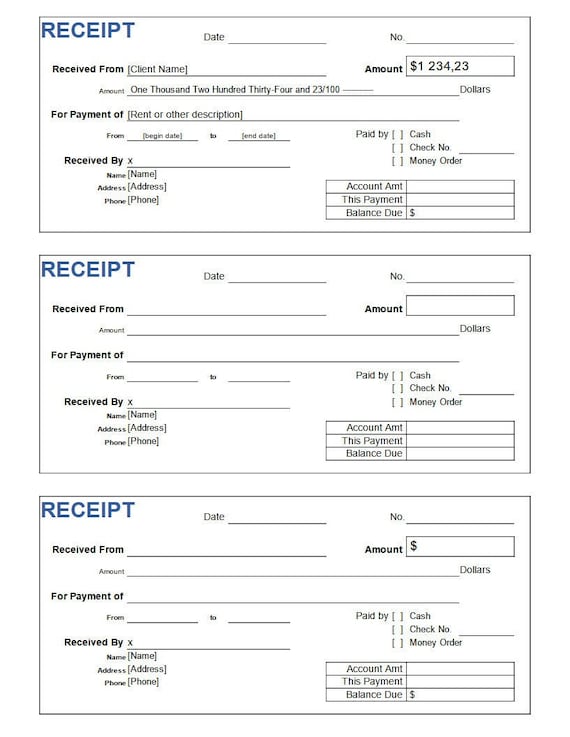 Cash Receipt Template Etsy